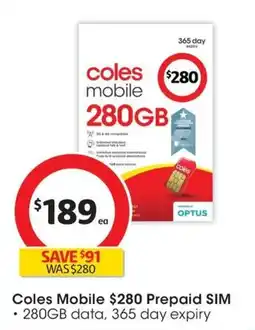 Coles Coles Mobile 280GB Prepaid SIM offer
