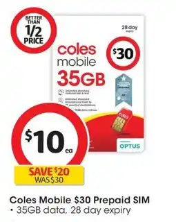 Coles Coles Mobile $30 Prepaid SIM offer