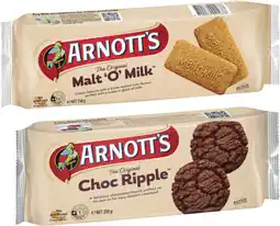 Coles Arnott's Choc Ripple or Malt 'O' Milk Biscuits 250g offer