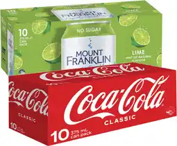 Coles Coca-Cola Soft Drink or Mt Franklin Sparkling Water 10x375mL offer