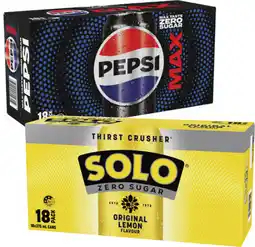 Coles Pepsi or Solo Zero Sugar Soft Drink 18x375mL offer