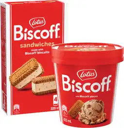 Coles Lotus Biscoff Ice Cream Tub 425mL or Ice Cream Sandwiches 4 Pack 320mL offer