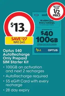 Coles Optus $40 AutoRecharge Only Prepaid SIM Starter Kit offer