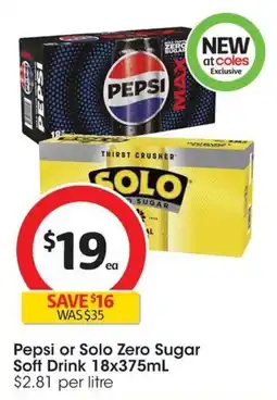 Coles Pepsi or Solo Zero Sugar Soft Drink offer