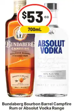 IGA Bundaberg Bourbon Barrel Campfire Rum or Absolut Vodka Range offer