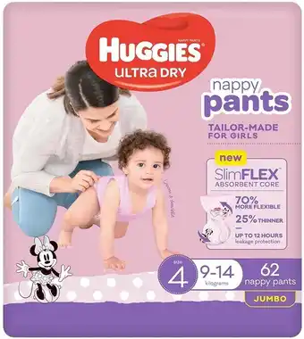 BIG W NEW Huggies Ultra Dry Nappy Pants Girl Size 4 (9-14kg) 62 Pack offer