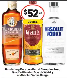 IGA Liquor Bundaberg Bourbon Barrel Campfire Rum, Grant's Blended Scotch Whisky or Absolut Vodka Range offer