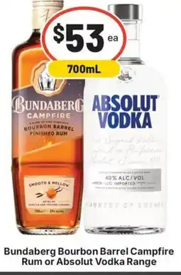 IGA Liquor Bundaberg Bourbon Barrel Campfire Rum or Absolut Vodka Range offer