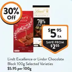 Foodworks Lindt Excellence or Lindor Chocolate Block 100g Selected Varieties offer