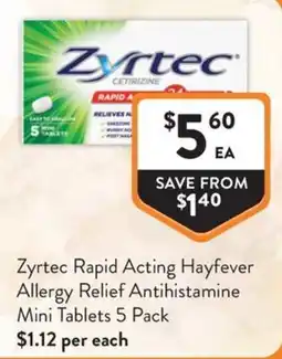 Foodworks Zyrtec Rapid Acting Hayfever Allergy Relief Antihistamine Mini Tablets offer