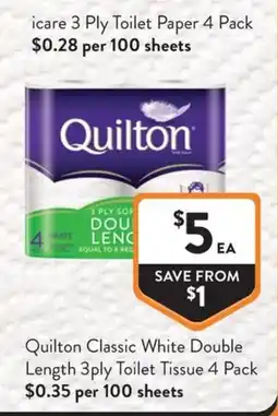 Foodworks Quilton Classic White Double Length 3ply Toilet Tissue offer