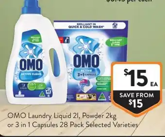 Foodworks OMO Laundry Liquid 2l, Powder 2kg or 3 in 1 Capsules 28 Pack Selected Varieties offer