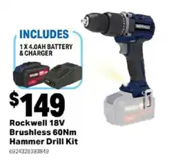 Mitre 10 Rockwell 18V Brushless 60Nm Hammer Drill Kit offer