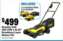 Mitre 10 Stanley V20 36V (18V x 2) 20" Brushless Lawn Mower Kit offer