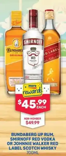 SipnSave Bundaberg Up Rum, Smirnoff Red Vodka or Johnnie Walker Red Label Scotch Whisky offer