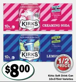 Friendly Grocer Kirks Soft Drink Can 10x375ml Varieties offer