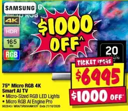 JB Hi-Fi Samsung 75" Micro RGB 4K Smart AI TV offer