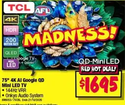 JB Hi-Fi TCL 75" 4K AI Google QD Mini LED TV offer