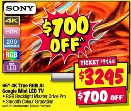 JB Hi-Fi Sony 65" 4K True RGB AI Google Mini LED TV offer