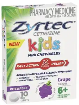 Amcal Pharmacies Zyrtec Kids Allergy & Hayfever Relief Grape Flavour 10 Chewable Tablets offer