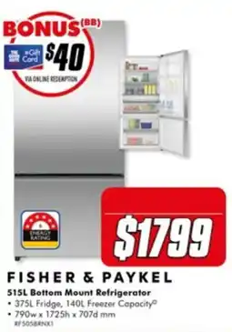 The Good Guys Fisher & Paykel 515L Bottom Mount Refrigerator offer
