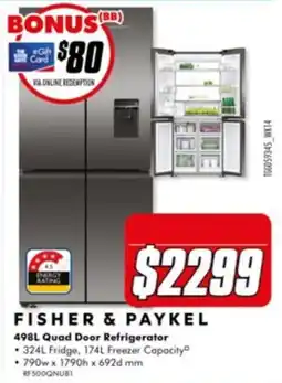 The Good Guys Fisher & Paykel 498L Quad Door Refrigerator offer