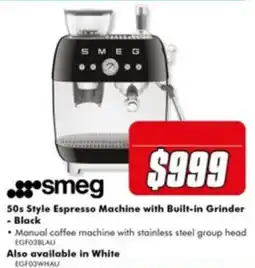 The Good Guys Smeg 50s Style Espresso Machine with Built-in Grinder - Black offer