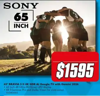 Sony 65 Inch BRAVIA 3 II 4K HDR AI Google TV with Gemini 2026