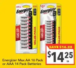 Supa Valu Energizer Max AA 16 Pack or AAA 14 Pack Batteries offer