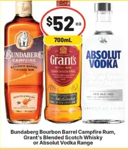 Supa Valu Bundaberg Bourbon Barrel Campfire Rum, Grant's Blended Scotch Whisky or Absolut Vodka Range offer
