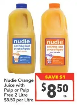 Supa Valu Nudie Orange Juice with Pulp or Pulp Free 2 Litre offer