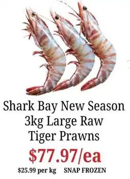 Farmer Jack's Shark Bay New Season 3kg Large Raw Tiger Prawns offer