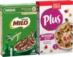 IGA Uncle Tobys Plus Cereal 620‑705g or Nestlé Milo Cereal 535‑620g Selected Varieties offer