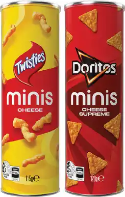 IGA Twisties Cheese 115g, Doritos Cheese Supreme 120g or Cheetos Cheese & Bacon 90g Minis Canister offer