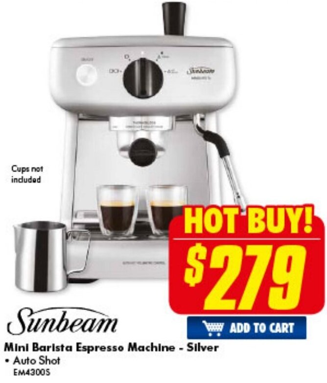 Sunbeam Mini Barista Espresso Machine Silver EM4300S offer at The Good Guys