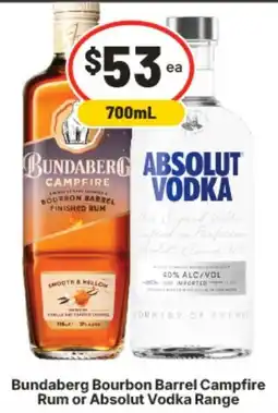 IGA Bundaberg Bourbon Barrel Campfire Rum or Absolut Vodka Range offer