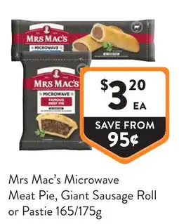Foodworks Mrs Mac's Microwave Meat Pie, Giant Sausage Roll or Pastie offer