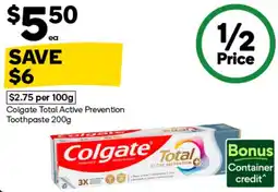 Woolworths Colgate Total Active Prevention Toothpaste offer