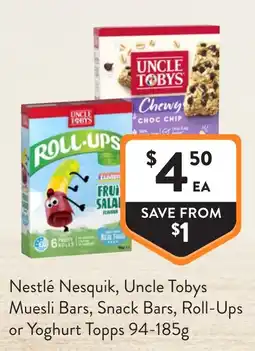 Foodworks Nestlé Nesquik, Uncle Tobys Muesli Bars, Snack Bars, Roll-Ups or Yoghurt Topps offer