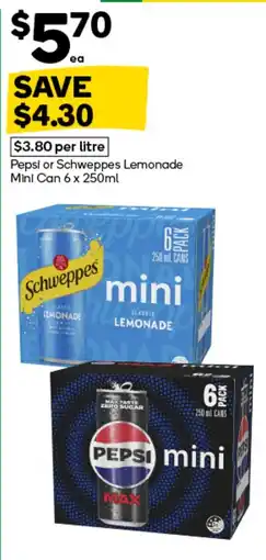 Woolworths Pepsi or Schweppes Lemonade Mini Can offer