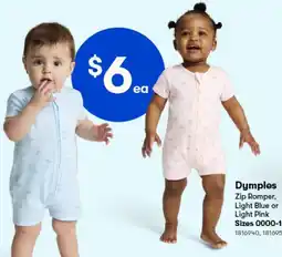 Woolworths Dymples Zip Romper, Light Blue or Light Pink offer