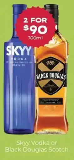 Thirsty Camel Skyy Vodka or Black Douglas Scotch offer