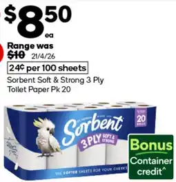 Woolworths Sorbent Soft & Strong 3 Ply Toilet Paper offer