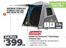 Anaconda Coleman Instant Up Darkroom Technology 4 Person Tent offer