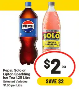 IGA Pepsi, Solo or Lipton Sparkling Ice Tea 1.25 Litre Selected Varieties offer