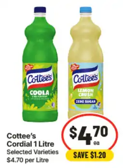 IGA Cottée's Cordial 1 Litre Selected Varieties offer