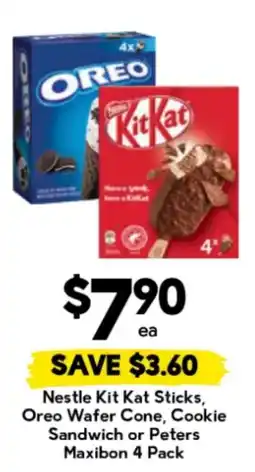 Drakes Nestle Kit Kat Sticks, Oreo Wafer Cone, Cookie Sandwich or Peters Maxibon 4 Pack offer