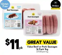 Drakes Value Beef or Pork Sausages offer
