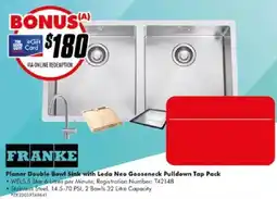 The Good Guys Franke Planar Double Bowl Sink with Leda Neo Gooseneck Pulldown Tap Pack offer