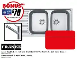 The Good Guys Franke Antea Double Bowl Sink and Orbit Non Pull-Out Tap Pack - Left Hand Drainer offer